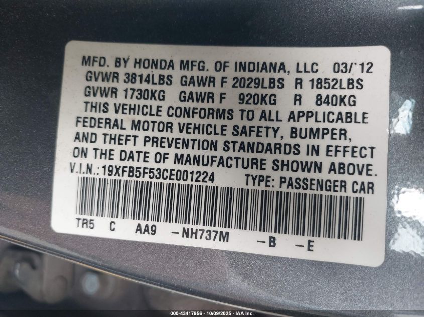 2012 Honda Civic Natural Gas VIN: 19XFB5F53CE001224 Lot: 43417956
