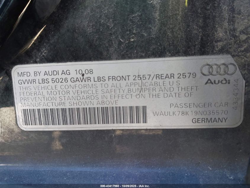 2009 Audi A4 3.2 Premium Plus VIN: WAULK78K19N035570 Lot: 43417960