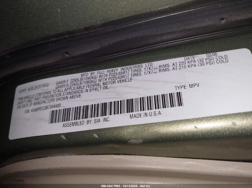 2006 Subaru Outback 2.5I VIN: 4S4BP61C867344400 Lot: 43417963