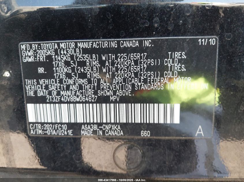 2011 Toyota Rav4 VIN: 2T3ZF4DV8BW064627 Lot: 43417966