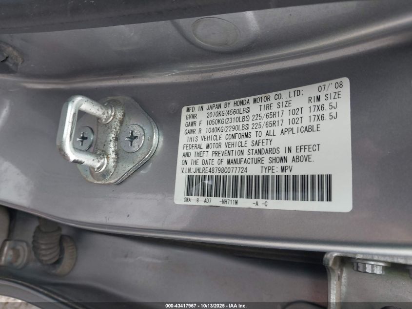 2008 Honda Cr-V Ex-L VIN: JHLRE48798C077724 Lot: 43417967