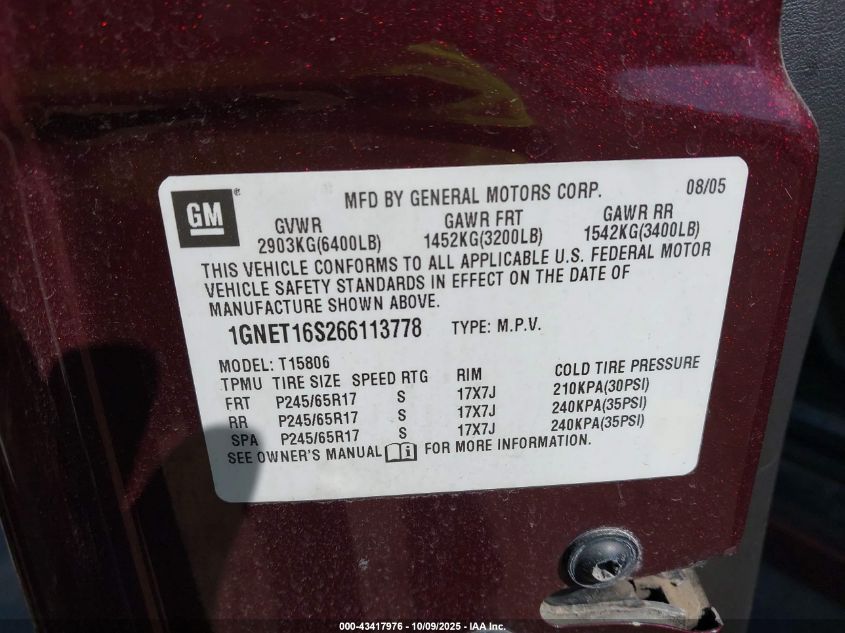 2006 Chevrolet Trailblazer Ext Lt VIN: 1GNET16S266113778 Lot: 43417976