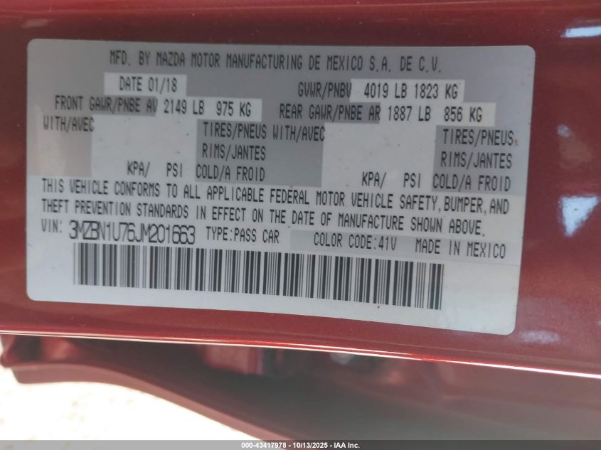 2018 Mazda Mazda3 Sport VIN: 3MZBN1U76JM201663 Lot: 43417978