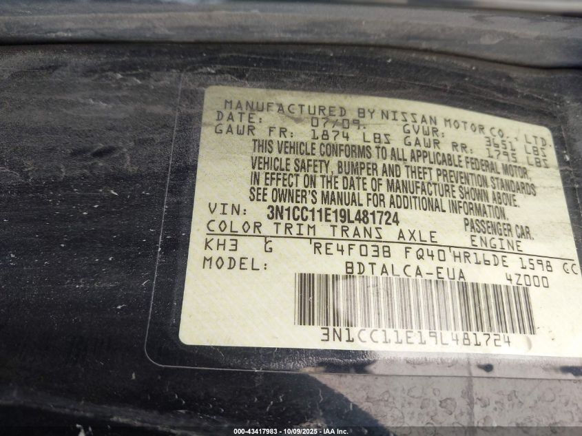 2009 Nissan Versa 1.6 VIN: 3N1CC11E19L481724 Lot: 43417983