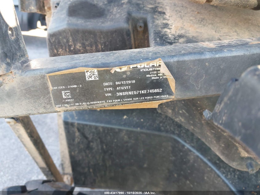 2019 Polaris Ranger Crew 570-4 Eps VIN: 3NSRNE571KE745652 Lot: 43417990