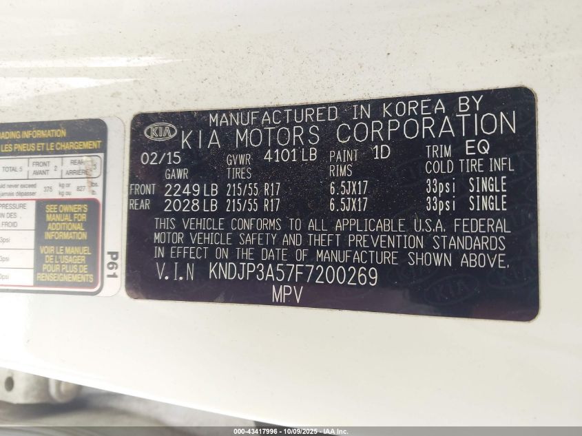 2015 Kia Soul + VIN: KNDJP3A57F7200269 Lot: 43417996