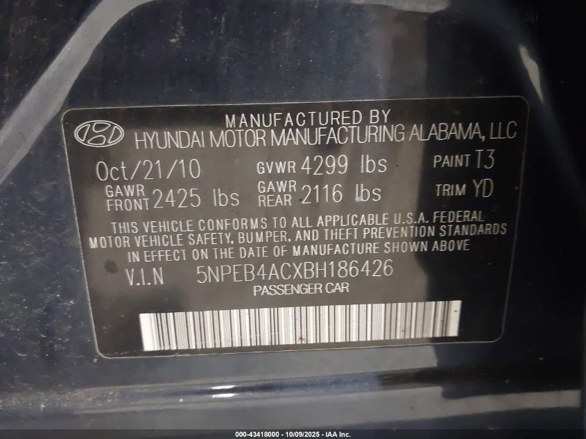 2011 Hyundai Sonata Gls VIN: 5NPEB4ACXBH186426 Lot: 43418000