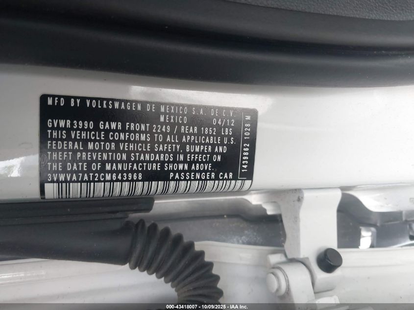 2012 Volkswagen Beetle 2.0T Turbo VIN: 3VWVA7AT2CM643968 Lot: 43418007