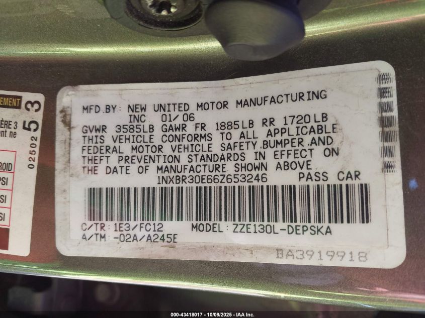 2006 Toyota Corolla S VIN: 1NXBR30E66Z653246 Lot: 43418017