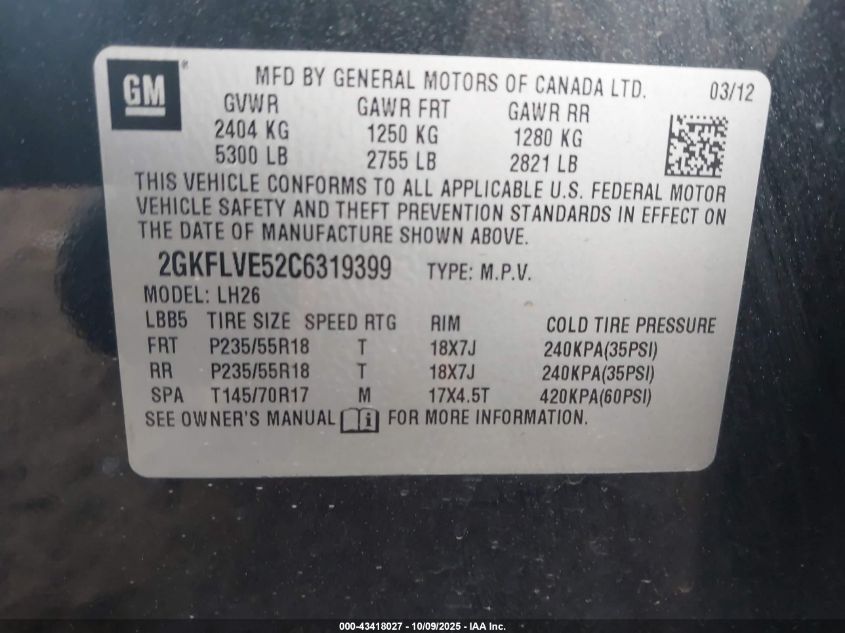 2012 GMC Terrain Slt-1 VIN: 2GKFLVE52C6319399 Lot: 43418027