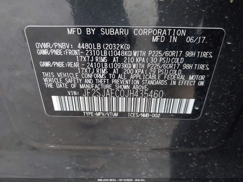 2018 Subaru Forester 2.5I Premium VIN: JF2SJAEC0JH435460 Lot: 43418034