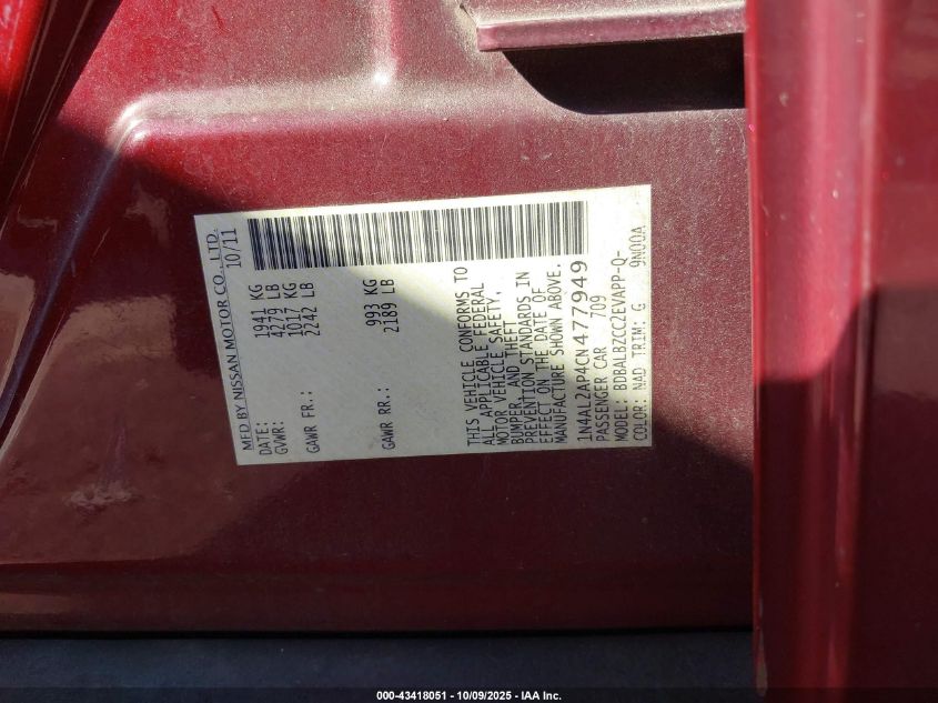 2012 Nissan Altima 2.5 S VIN: 1N4AL2AP4CN477949 Lot: 43418051