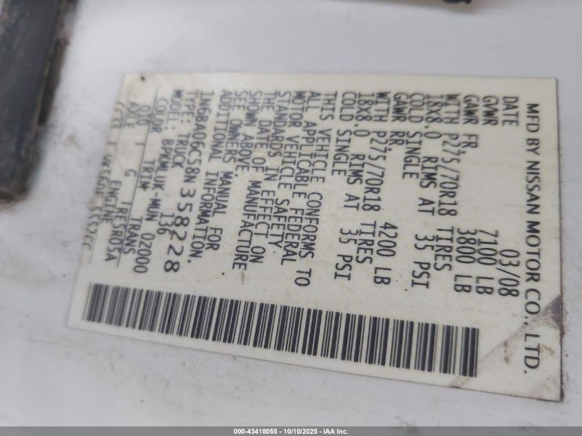 2008 Nissan Titan Le/Pro-4X VIN: 1N6BA06C58N358228 Lot: 43418055