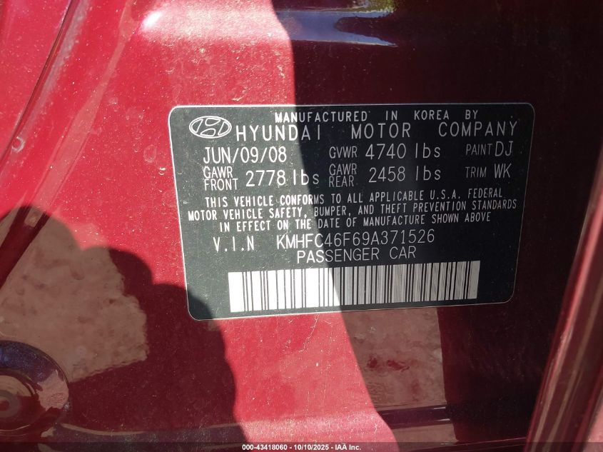 2009 Hyundai Azera Limited VIN: KMHFC46F69A371526 Lot: 43418060