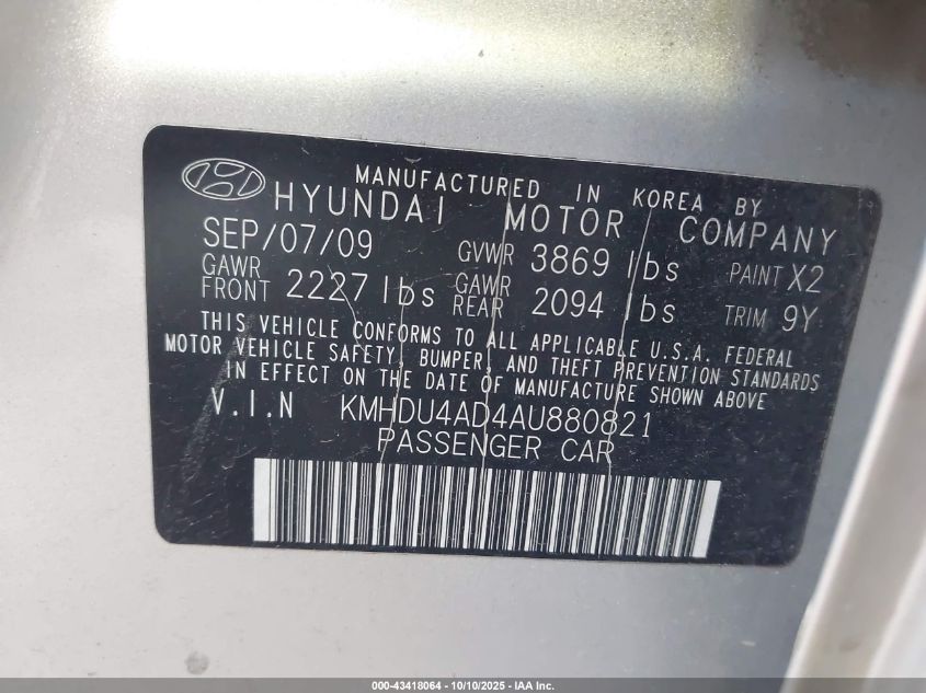 2010 Hyundai Elantra Gls VIN: KMHDU4AD4AU880821 Lot: 43418064