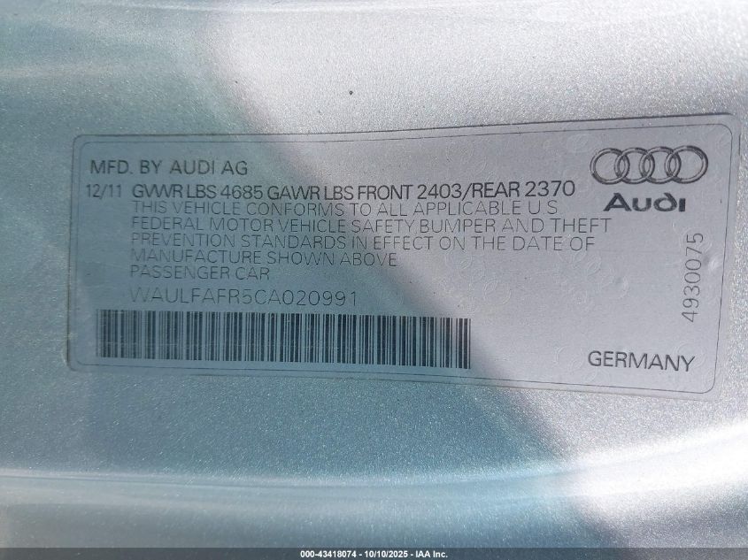 2012 Audi A5 2.0T Premium VIN: WAULFAFR5CA020991 Lot: 43418074