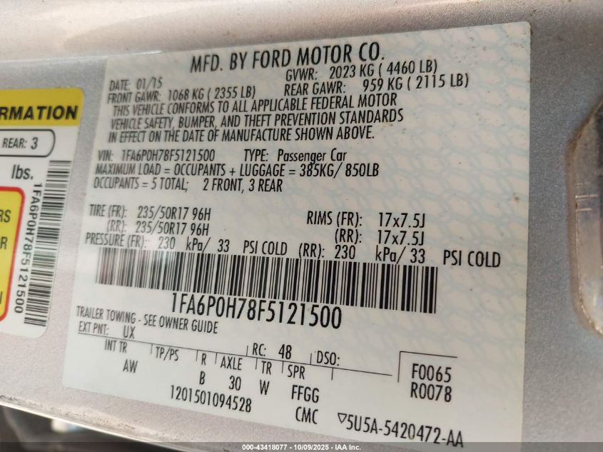 2015 Ford Fusion Se VIN: 1FA6P0H78F5121500 Lot: 43418077