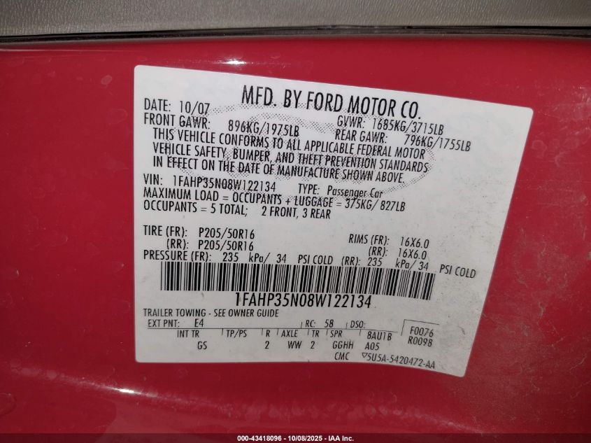 2008 Ford Focus Se/Ses VIN: 1FAHP35N08W122134 Lot: 43418096