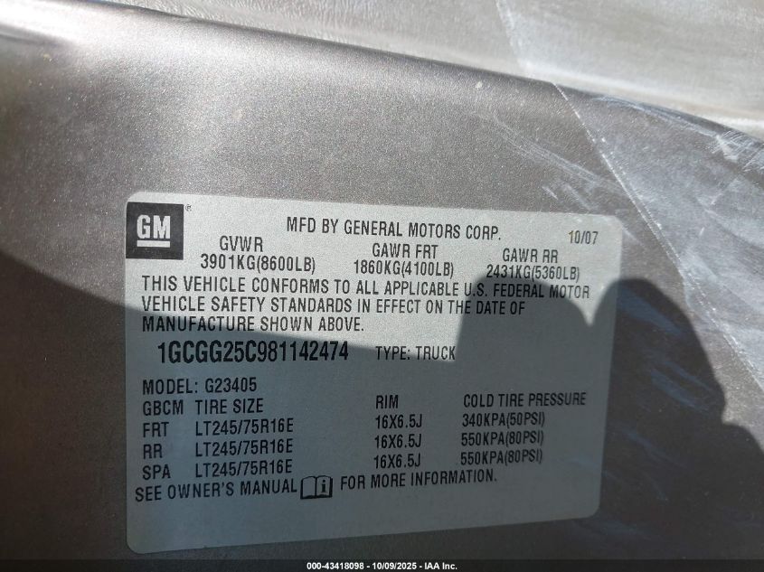 2008 Chevrolet Express Work Van VIN: 1GCGG25C981142474 Lot: 43418098
