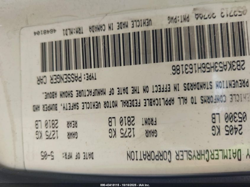 2006 Dodge Charger Rt VIN: 2B3KA53H56H163186 Lot: 43418115