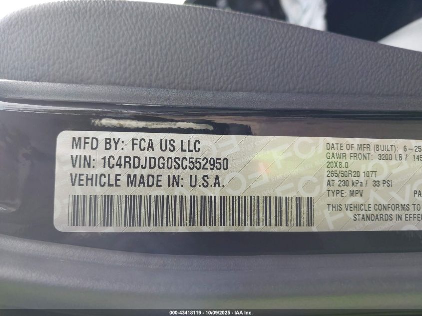 2025 Dodge Durango Gt Awd VIN: 1C4RDJDG0SC552950 Lot: 43418119