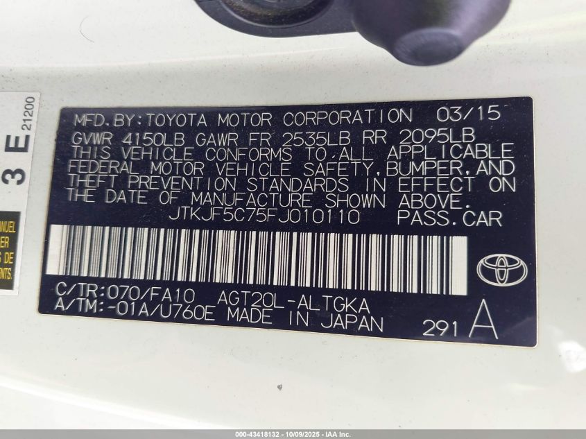 2015 Scion Tc VIN: JTKJF5C75FJ010110 Lot: 43418132