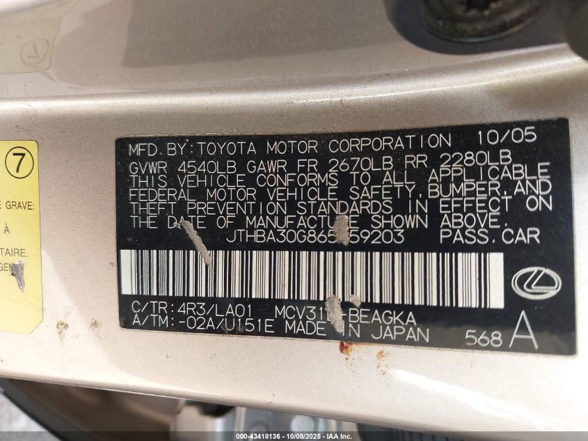 2006 Lexus Es 330 VIN: JTHBA30G865159203 Lot: 43418136