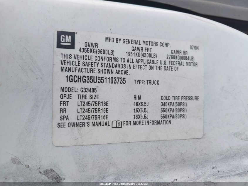 2005 Chevrolet Express VIN: 1GCHG35U551103735 Lot: 43418153