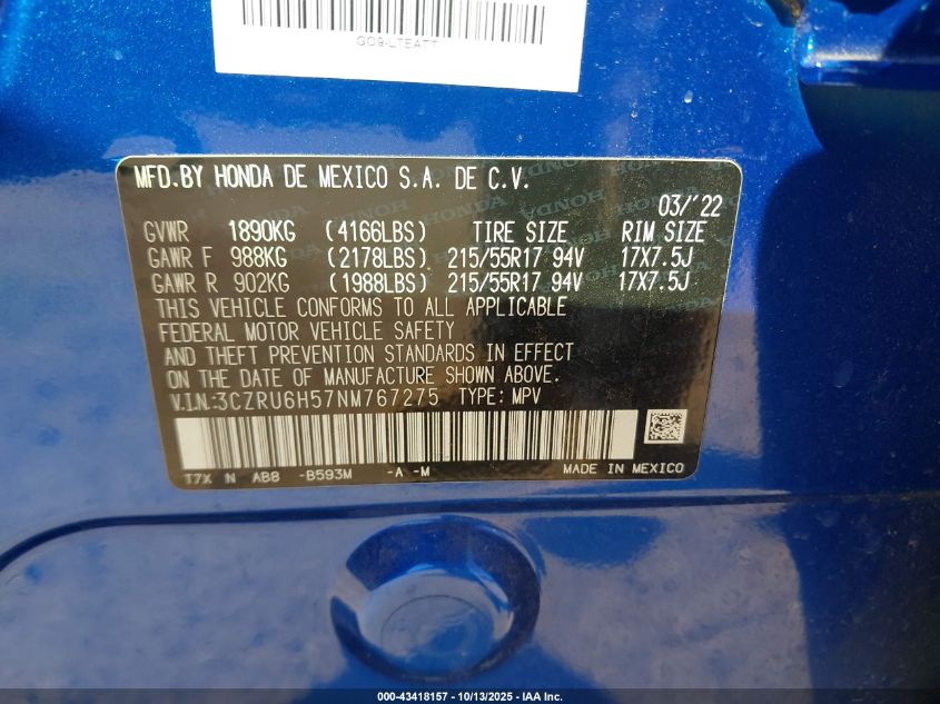 2022 Honda Hr-V Awd Ex VIN: 3CZRU6H57NM767275 Lot: 43418157