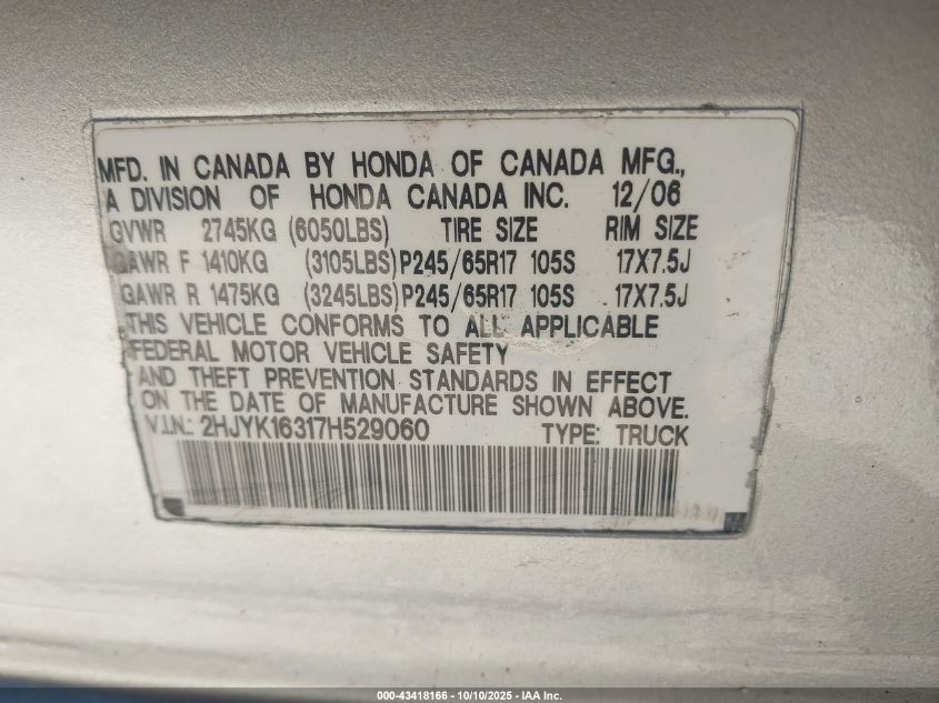2007 Honda Ridgeline Rtx VIN: 2HJYK16317H529060 Lot: 43418166