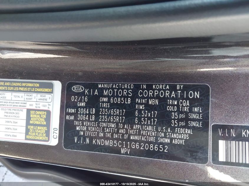 2016 Kia Sedona Lx VIN: KNDMB5C11G6208652 Lot: 43418177