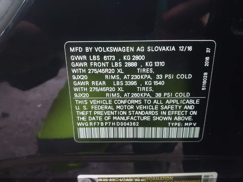 2017 Volkswagen Touareg V6 Wolfsburg Edition VIN: WVGRF7BP7HD004362 Lot: 43418181