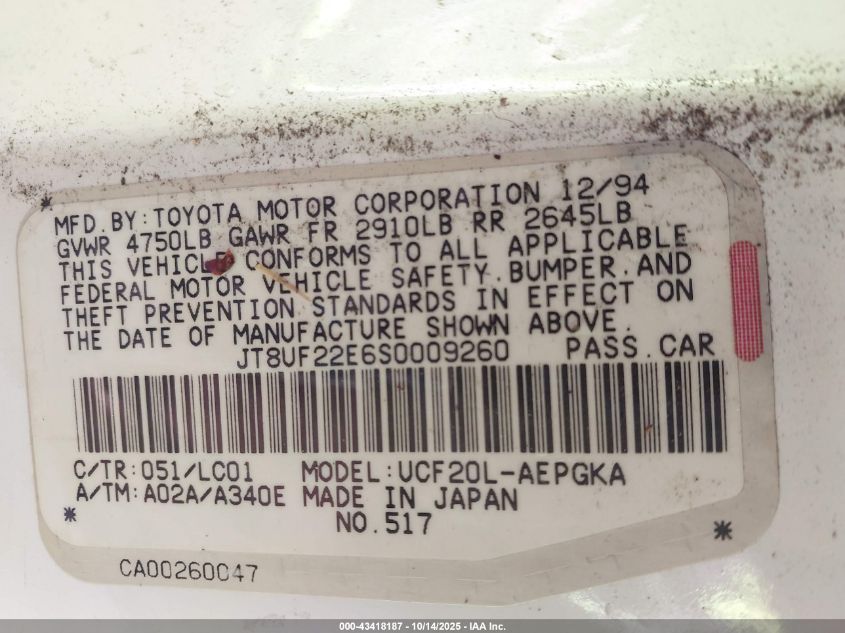 1995 Lexus Ls 400 VIN: JT8UF22E6S0009260 Lot: 43418187