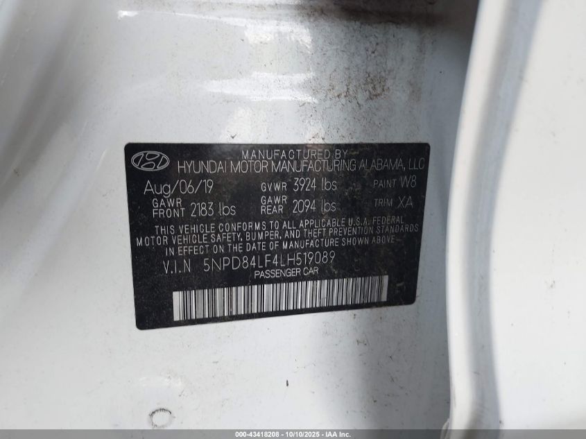 2020 Hyundai Elantra Sel VIN: 5NPD84LF4LH519089 Lot: 43418208