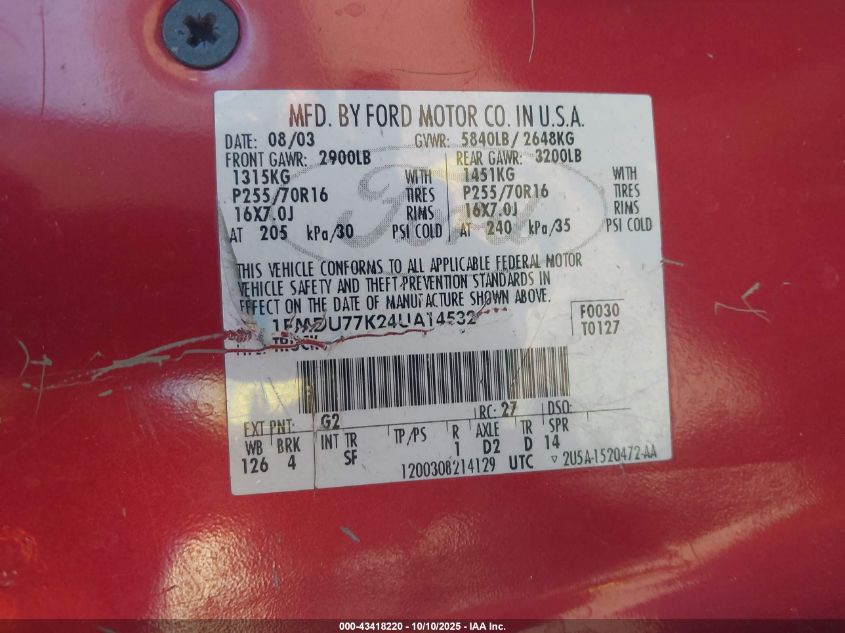 2004 Ford Explorer Sport Trac Adrenalin/Xls/Xlt VIN: 1FMDU77K24UA14532 Lot: 43418220