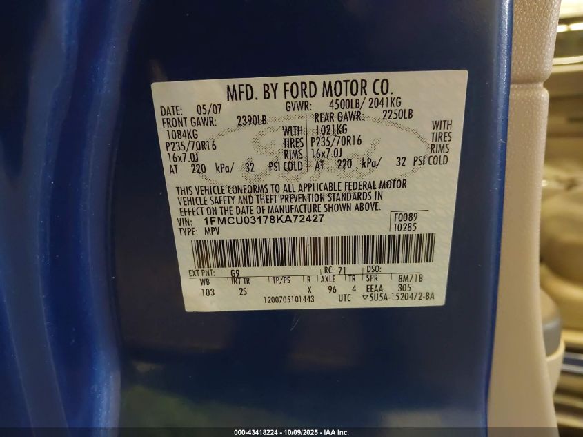 2008 Ford Escape Xlt VIN: 1FMCU03178KA72427 Lot: 43418224