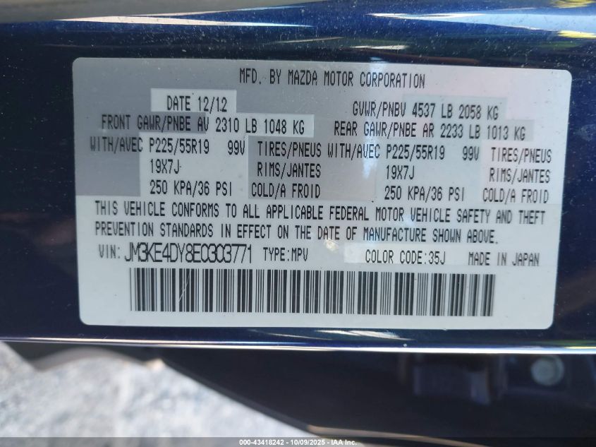 2014 Mazda Cx-5 Grand Touring VIN: JM3KE4DY8E0303771 Lot: 43418242