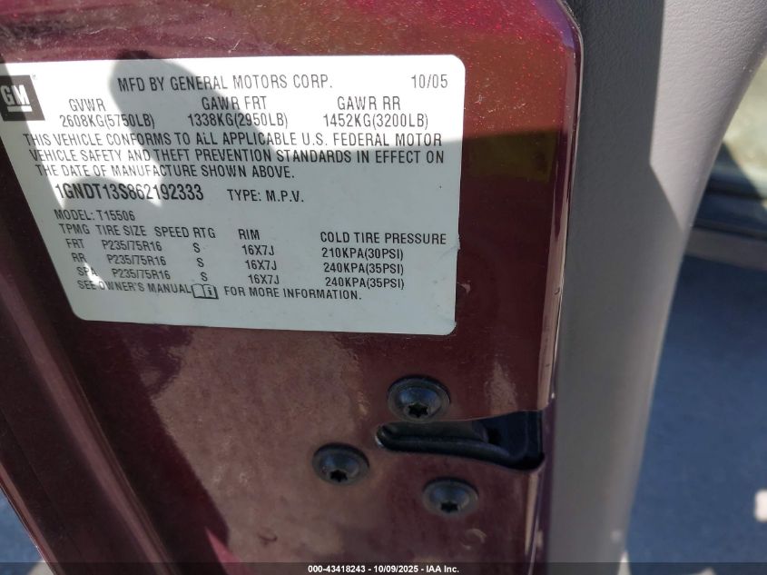 2006 Chevrolet Trailblazer Ls VIN: 1GNDT13S862192333 Lot: 43418243