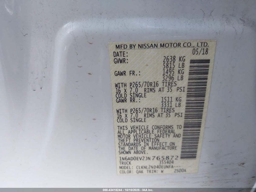 2018 NISSAN FRONTIER SV 1N6AD0EV2JN765872