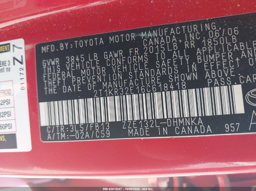 2006 Toyota Corolla Matrix Xr VIN: 2T1KR32E16C618418 Lot: 43418247