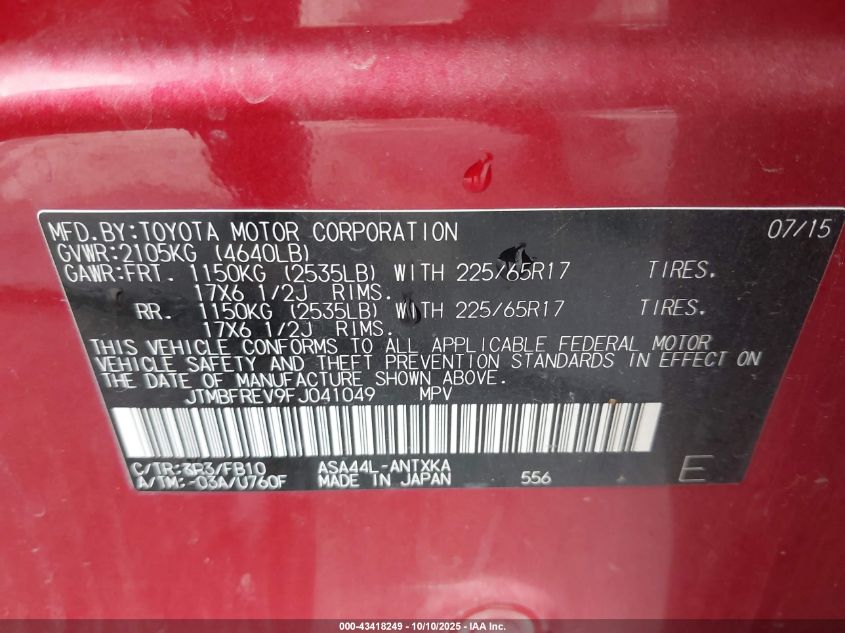 2015 Toyota Rav4 Le VIN: JTMBFREV9FJ041049 Lot: 43418249