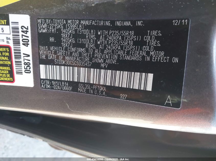 2012 Toyota Sienna Xle 7 Passenger VIN: 5TDDK3DC5CS035457 Lot: 43418255