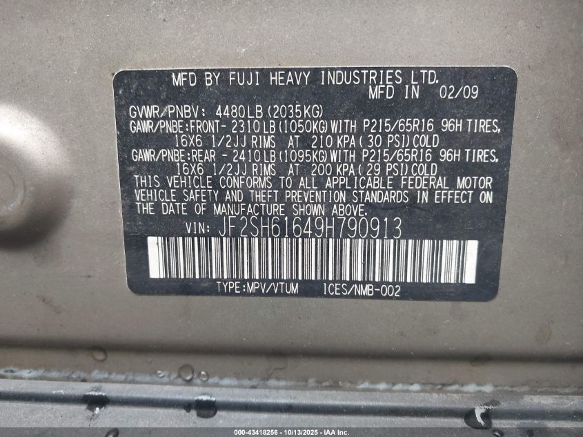 2009 Subaru Forester 2.5X VIN: JF2SH61649H790913 Lot: 43418256