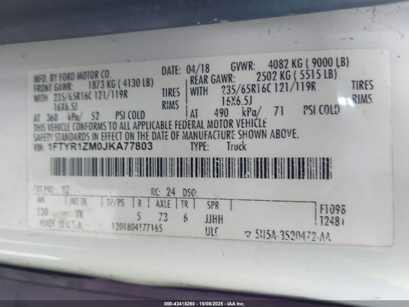 2018 Ford Transit-250 VIN: 1FTYR1ZM0JKA77803 Lot: 43418260