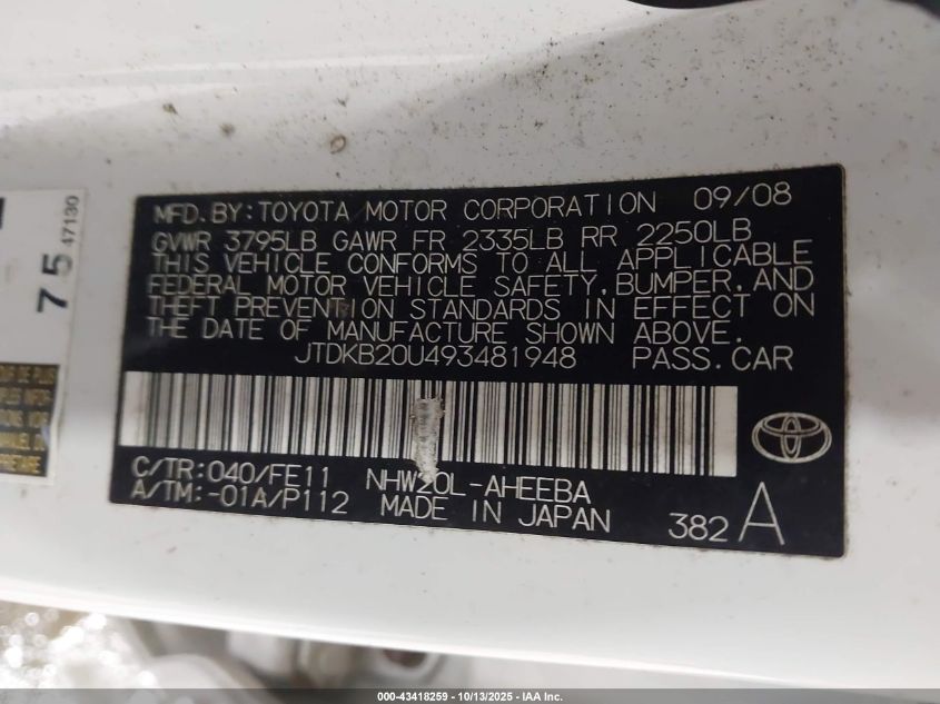 2009 Toyota Prius VIN: JTDKB20U493481948 Lot: 43418259