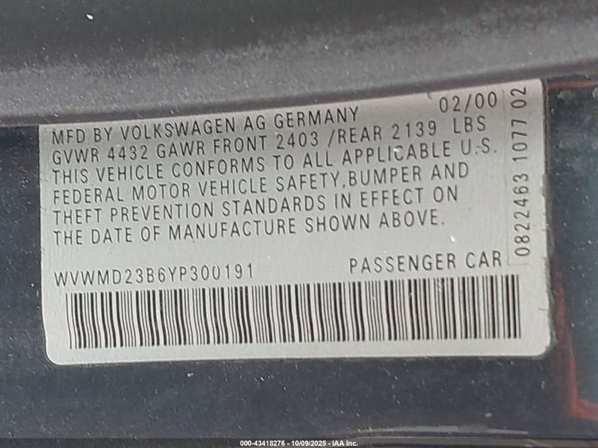 2000 Volkswagen Passat Gls V6 VIN: WVWMD23B6YP300191 Lot: 43418276