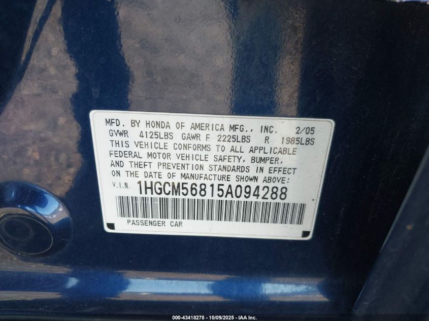 2005 Honda Accord 2.4 Ex VIN: 1HGCM56815A094288 Lot: 43418278