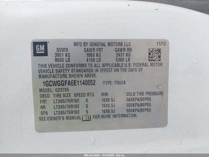 2014 Chevrolet Express 2500 Work Van VIN: 1GCWGGFA6E1140652 Lot: 43418284