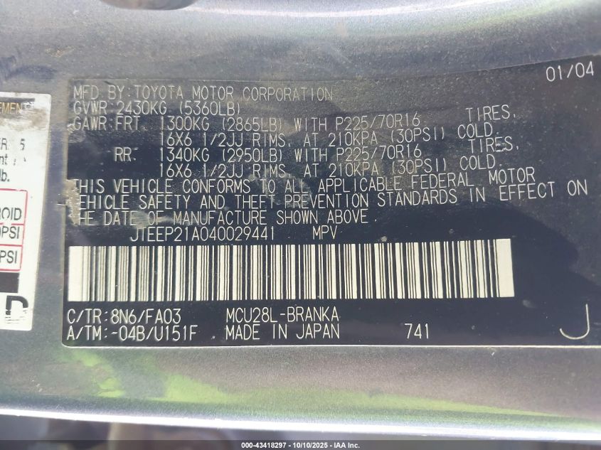 2004 Toyota Highlander V6 VIN: JTEEP21A040029441 Lot: 43418297