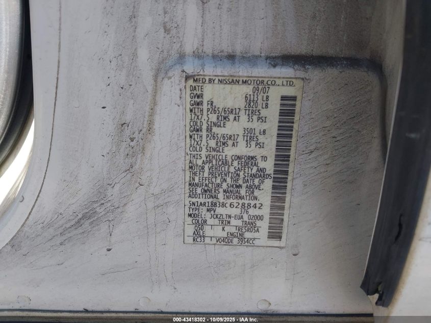 2008 Nissan Pathfinder Se VIN: 5N1AR18B38C628842 Lot: 43418302